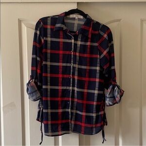 Eden & Olivia Blue and Red Plaid Maternity Shirt. Size L